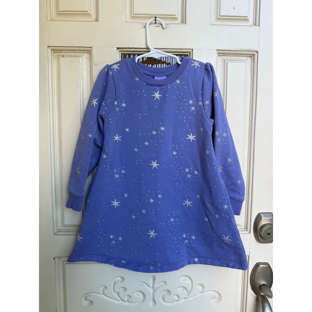 Hanna Andersson Girls Purple Silver Glitter Star Sweatshirt Dress Pockets Size 5